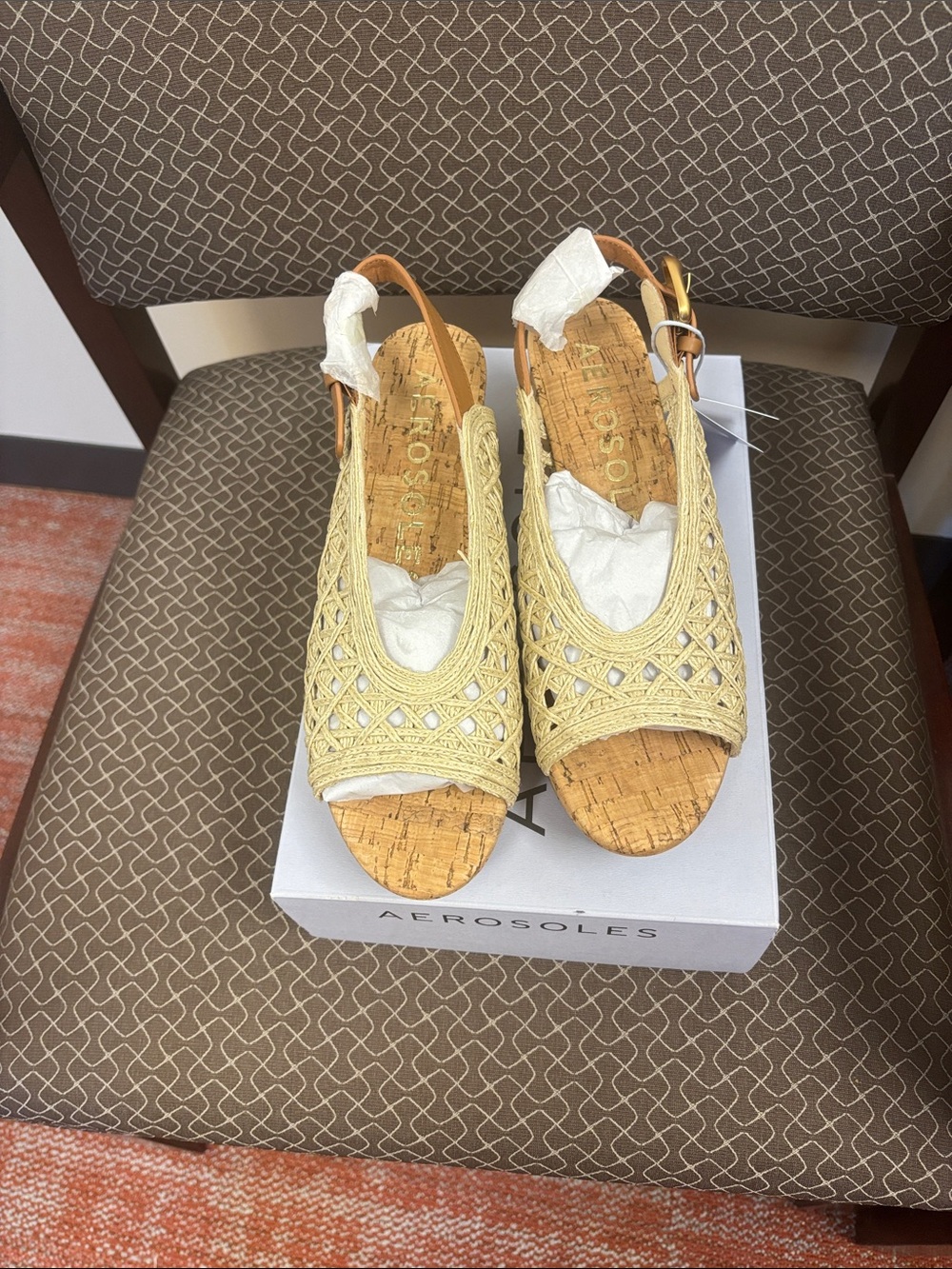AEROSOLES Tan Woven Cork Wedge Slingback Sandals